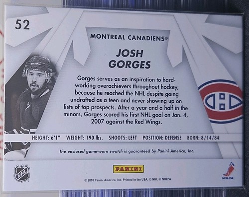 10-11 Donruss Panini Josh Gorges Boys Of Winter Game Used Jersey - Bild 3 von 3