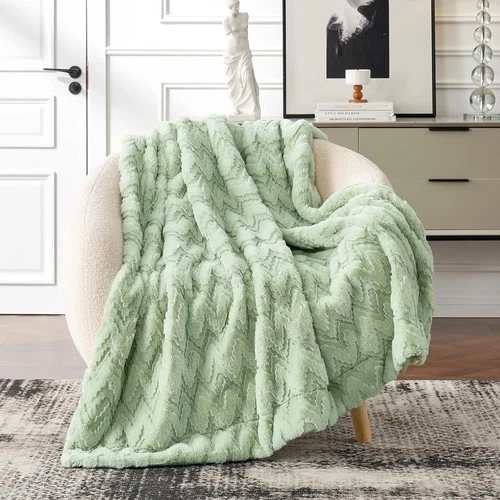 Faux Fur Throw Blanket Couch 4D Zigzag Ultra Soft Fuzzy Plush Cozy Throw Green