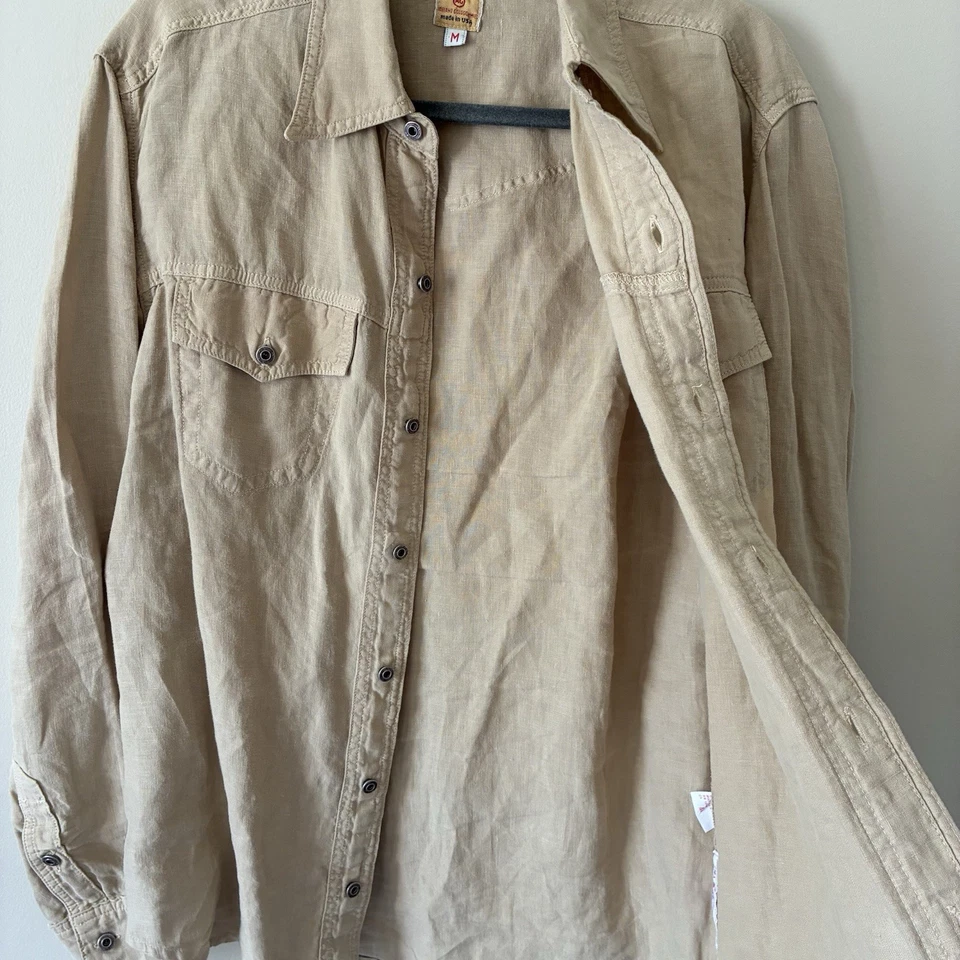AG Adriano Goldschmied 100% Linen Men Medium Utility Shirt Long Sleeve Tan USA - Image 3 of 4