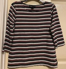 Style&Co VTG Multi Striped 3/4 Sleeve Top Tee Shirt 90s Stretch Red Blk y2k Sz L