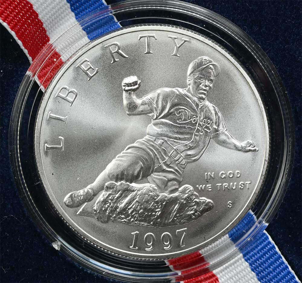 US 1997-S Jackie Robinson $1 Silver BU Commemorative w/Box & COA