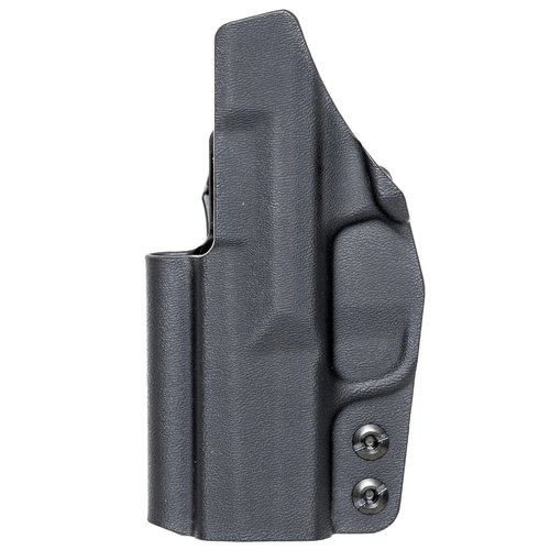 Black leather Kydex CCW holster with textured grip and two snap buttons on front.