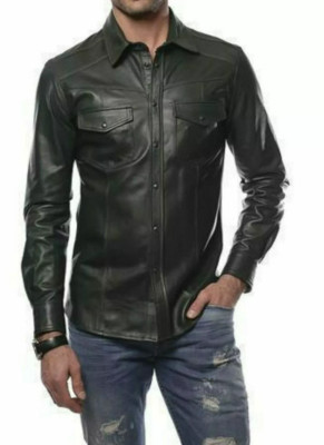 Black Leather Shirt Jacket for Men Casual Size S M L XL XXL 3XL Custom Made