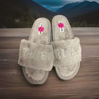 TRUE RELIGION Faux Fur Embelished Slides Slippers New Size  display picture 3