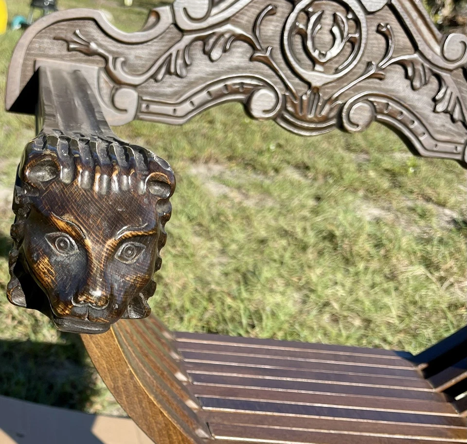 Antique Carved Wood Lion Heads On Arms Scissor Folding Chair Renaissance Decor - Image 4 of 4