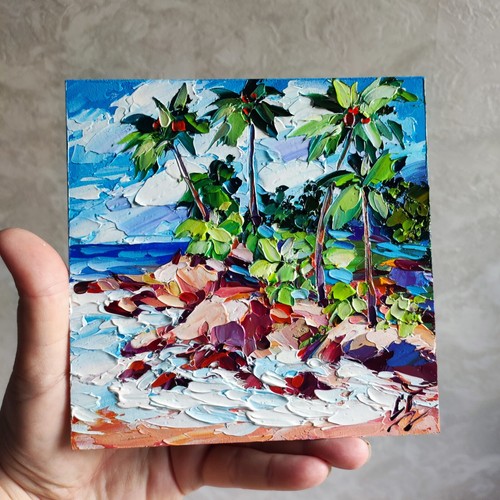 Original oil painting Laguna beach seascape artwork Ocean Palm trees art 6*6 in - Picture 6 of 8