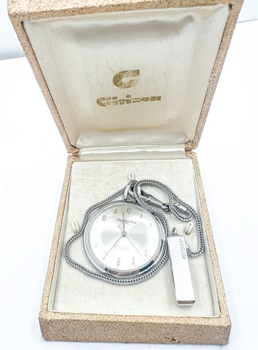 Antique Citizen Pocket Watch 17 Jewels Para Shock Phynox With Box & Chain