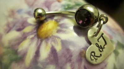 Bellybutton ring Personalized w Initials. Hand stamped Sterling silver hearts.