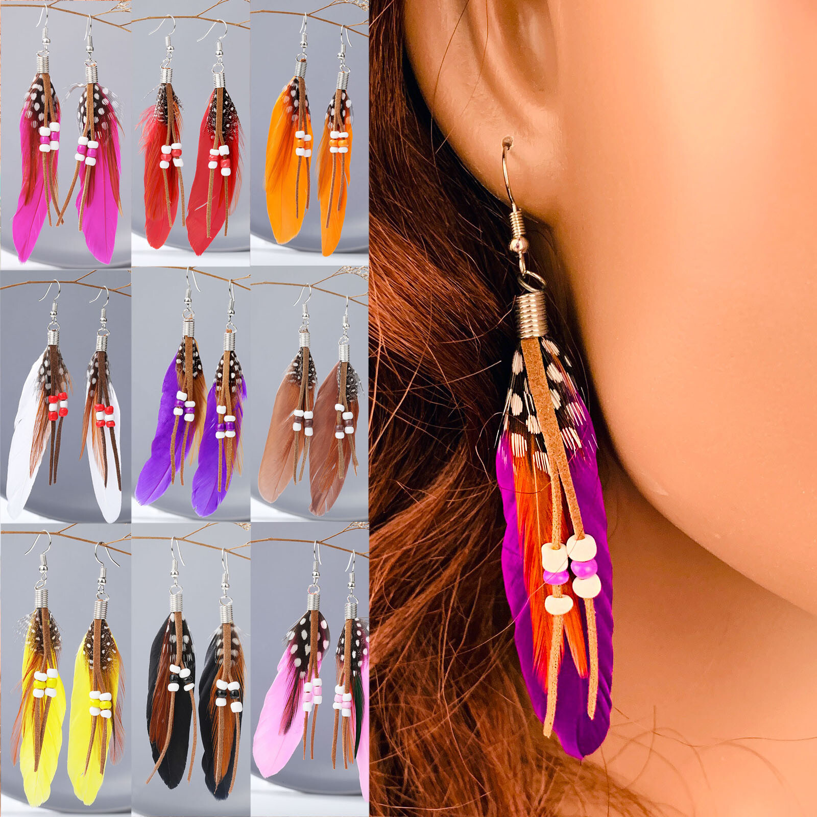 Boho Feather Earrings Multi-colour Chain Beads Leaf Dangle Drop Bohemian Pierced
