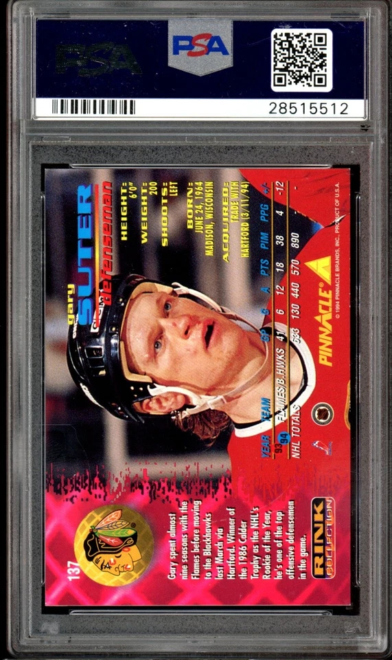 1994 Pinnacle Rink Collection NHL #137 Gary Suter PSA 10 GEM MINT Black Hawks - Image 2 of 2