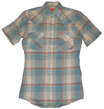 Vintage 80s ELY PLAINS Western Pearl Snap S/S Blue Pastels Plaid Shirt S/14.5