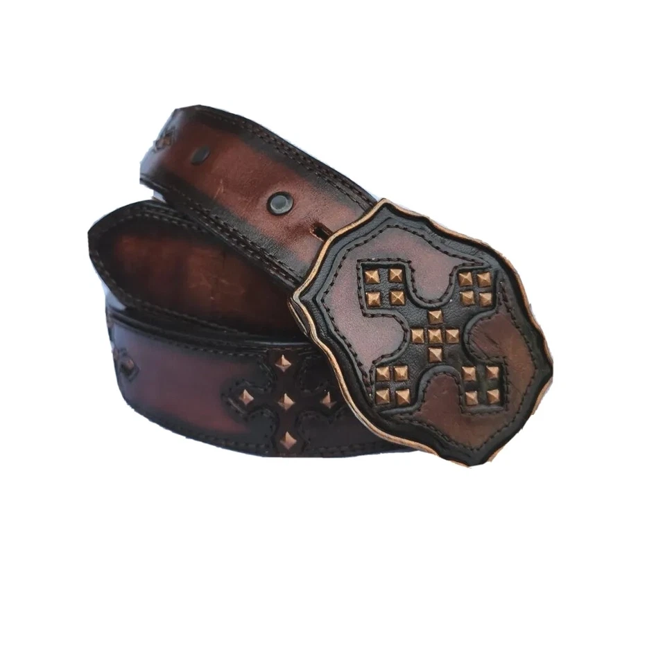 De Colección Justin Cinturón Occidental Cuero Marrón Tachonado Hebilla Cruzada 125 Aniversario S34 Foto 4 de 4