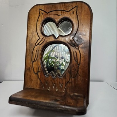 Vtg Hand Carved Wooden Cut Out Owl Wall Mirror Frame Shelf Hanging Boho Cottage 