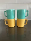 4 Vintage Hazel Atlas Milk Glass Cup Mug Yellow Teal By 3" D Handle Vtg MCM