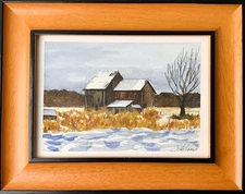 Framed Original Watercolor Painting Barn Pastoral Country Winter Snow Signed 7x9
