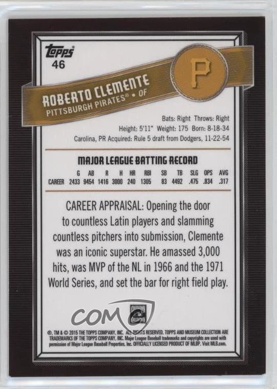 2016 Topps Museum Collection Blue /99 Roberto Clemente #46 HOF - Image 2 of 2
