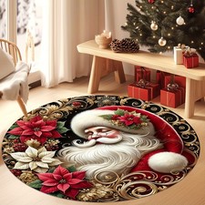  Christmas Santa Claus and Golden Floral Round Living Room Mat,Soft  Comfortabl