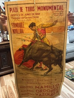 Vintage 1958 Barcelona Bullfight Poster Plaza De Toros Monumental Spain 39x21"