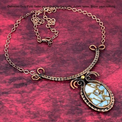 Copper Larimar Real Gemstone Necklace Copper Wire Wrap Adjustable Chain Necklace