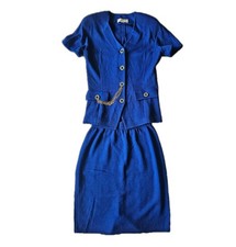 Vtg St. John Collection By Marie Gray Colbalt Blue Knit Gold Chain Skirt Set M