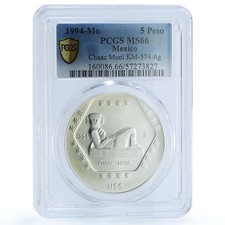 Moneda de plata México 5 pesos Chaac Mool KM-574 Precolombina Maya MS 66 PCGS 1994