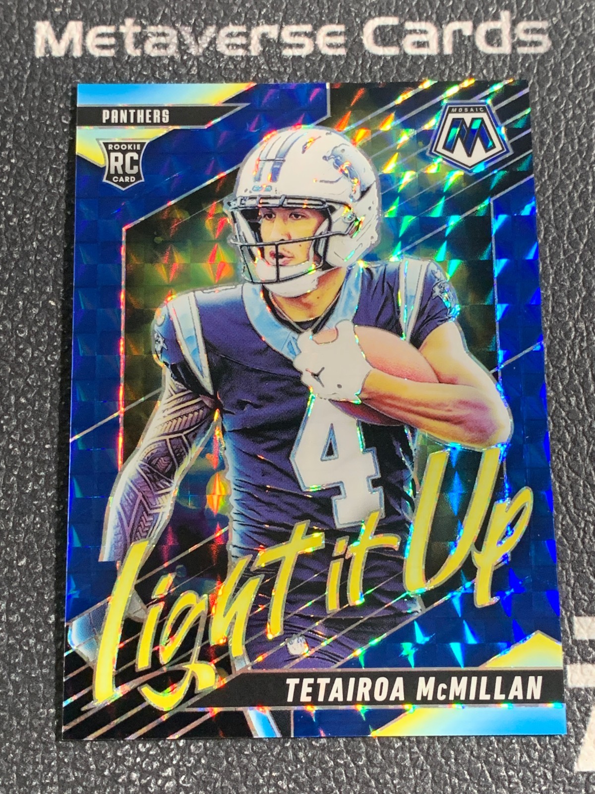 2025 Panini Mosaic RC Tetairoa McMillan Light it Up Mosaic Blue /99