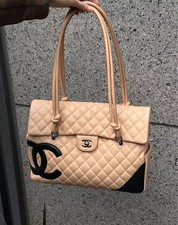 AUTH Chanel Cambon Large Tote Beige Quilted Canvas Leather Shoulder Bag SilverHW