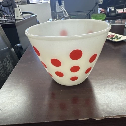 Vtg 1950s Fire King Red Polka Dot Milk Glass Grease Jar Bowl NO Lid - ac