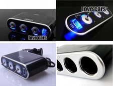 3 Way Car Cigarette Lighter Socket Splitter with USB and LED light control