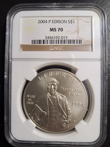 2004 P THOMAS EDISON COMMEMORATIVE SILVER DOLLAR NGC MS70 BROWN LABEL 