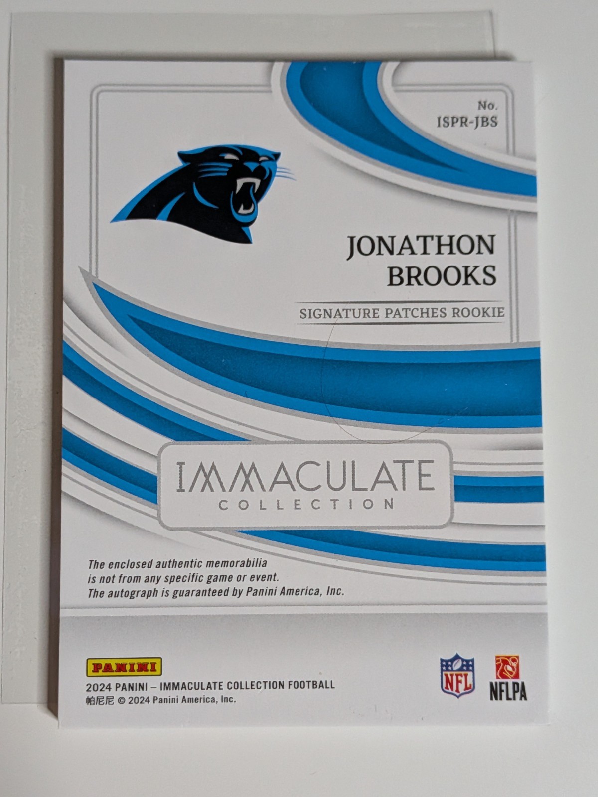 2024 Panini Immaculate Jonathon Brooks Patch Auto RC /25 Carolina Panthers RPA view 3