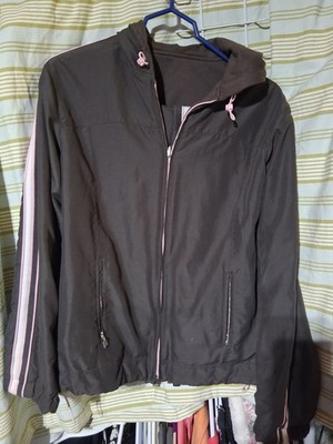 Women s Black Track Jacket Full Zip Hooded Pink/White Striped Athleisure
