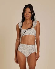 Rylee + Cru Womens Large Blue Floral Ruffle Sleeve Bikini Top Swimwear