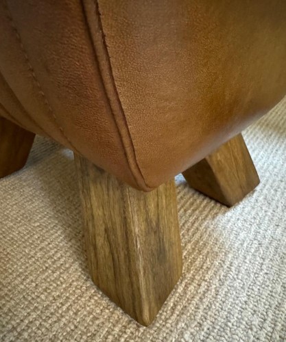 Brown Leather Stool / Footstool Wood Legs Pommel Horse Style Retro Vintage - Picture 6 of 8