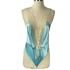 Vintage Blue Satin  Lace Plunging Neck Teddy With Bow Detail Size M NWOT