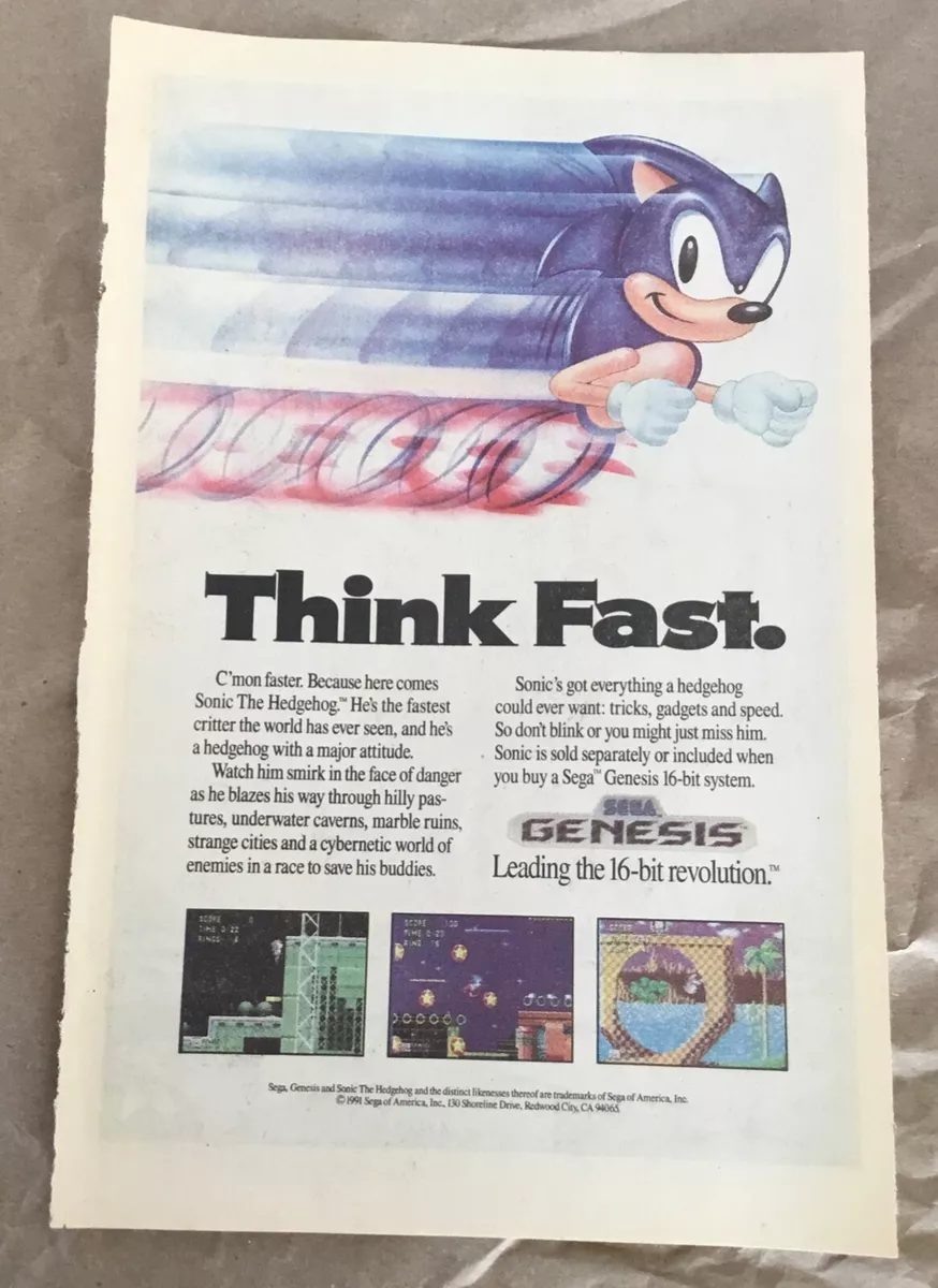 1991 Sonic The Hedgehog Sega Genesis Vintage Print Ad/Poster