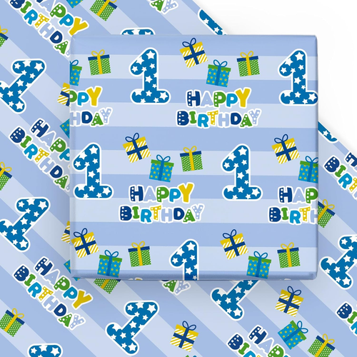 WRAPAHOLIC 1St Birthday Wrapping Paper Sheet - 6 Sheets Blue Happy Birthday with - 第 10/12 張圖片