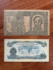 North Viet Nam DCCH 1948 10Dong HCM - RARE W/ Watermark & 2 Dong NFL 1960's So.