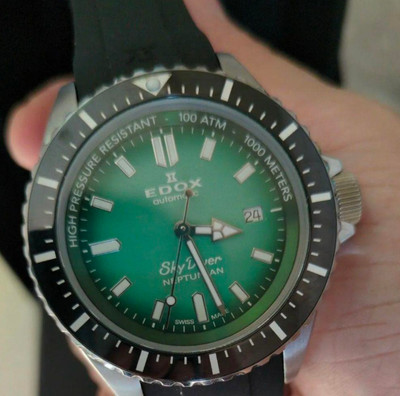 Edox Skydiver Neptunian Automatic Steel Green Divers Mens Watch 80120