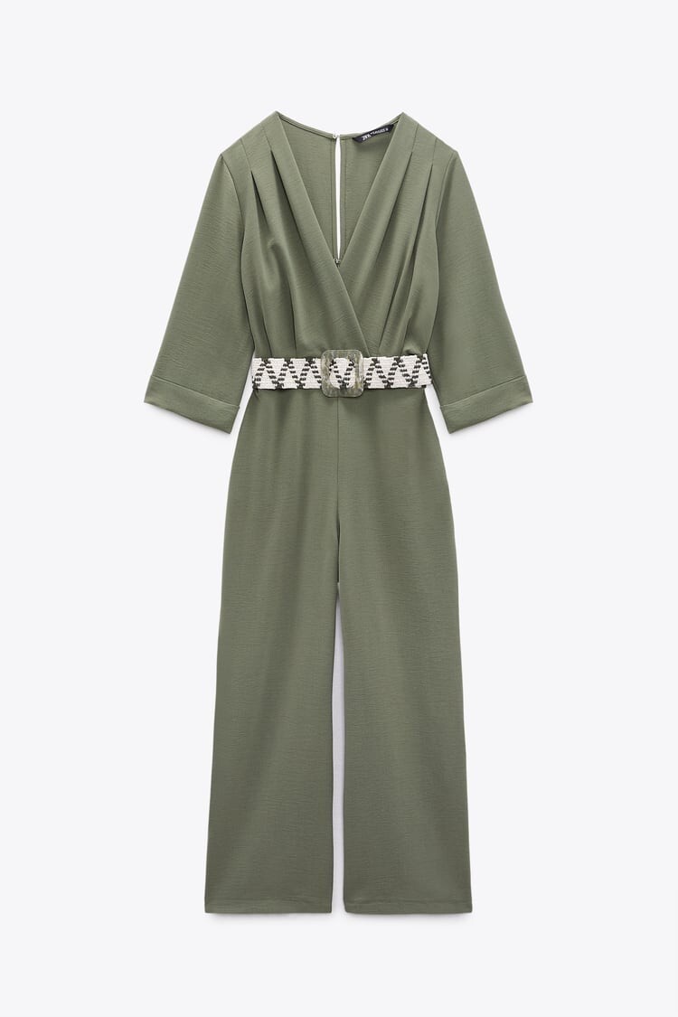 NWT ZARA LONG BELTED JUMPSUIT DARK KHAKI - REF 0387/053 XS