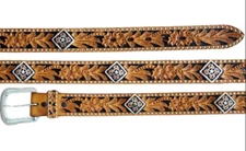 Western Leather Belt Tooled Floral Saddle Tan Ranger Rodeo Studded Size 34