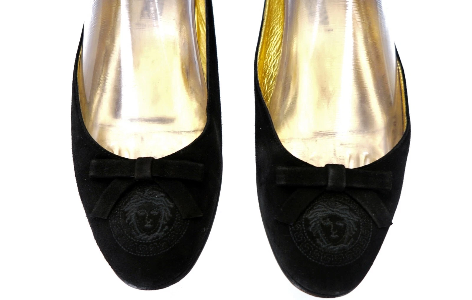 Scarpe basse vintage VERSACE nero oro pelle scamosciata EU 36 US 6 Italia 5383