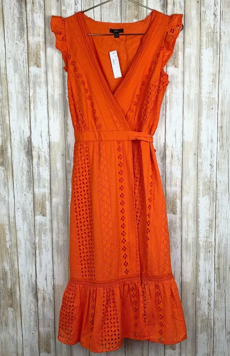 J.Crew All Over Eyelet Wrap Midi Orange Dress Size 4 M Medium 138
