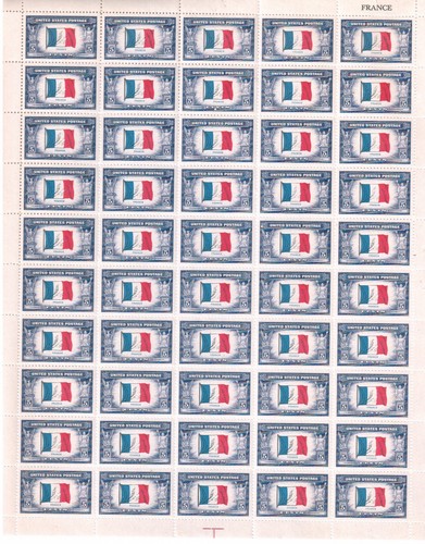 United States Scott # 915 France Overrun Countries Issue Uncut Stamp Sheet MNH - Afbeelding 1 van 1