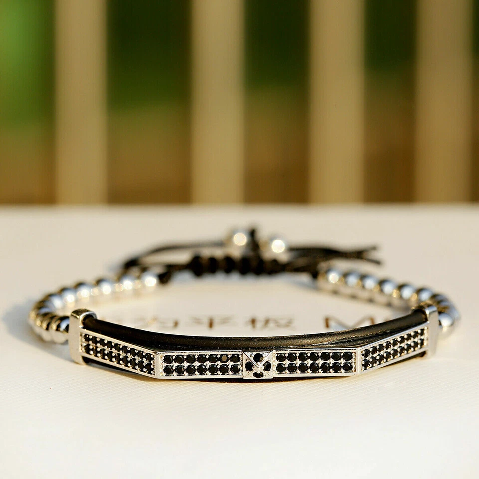 Juego de 3 piezas de pulsera trenzada de cuentas de corona pavé de plata de lujo para hombre Foto 4 de 4