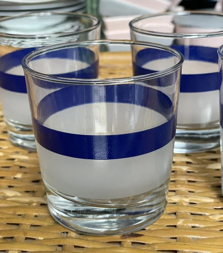 Set of 4 Vintage Georges Briard Style Blue Striped Double Rocks Glasses