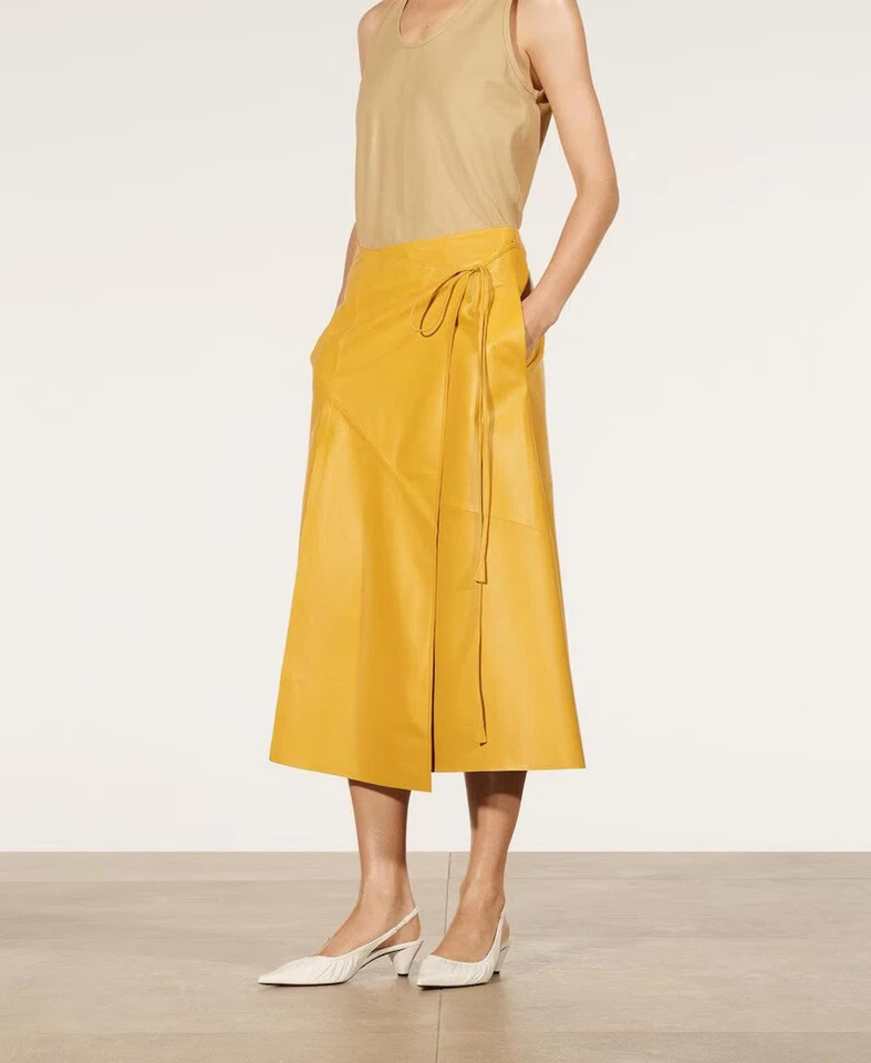 Handmade Women's Lambskin Yellow Leather Pocket Skirt Below Knee Length Plus Siz - Image 3 of 4