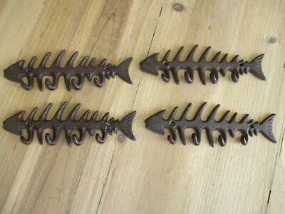 MIDWEST CRAFT HOUSE 4 CAST IRON FISHBONE FISH Bones Wall Hook Key Hat Coat Rack Nautical Decor Lake