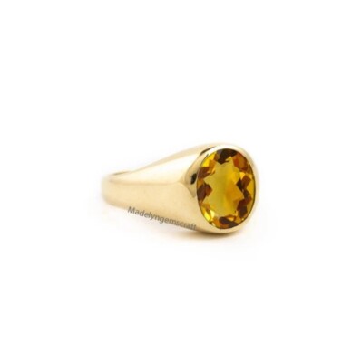Citrine Gemstone Ring Men Vintage Ring Art Deco Engagement Ring Gold Signet Ring