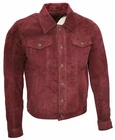 Men's Trucker Casual Burgundy Goat Suede Leather Shirt Jeans Jacket